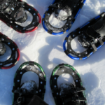 three pairs of snowshoes top view