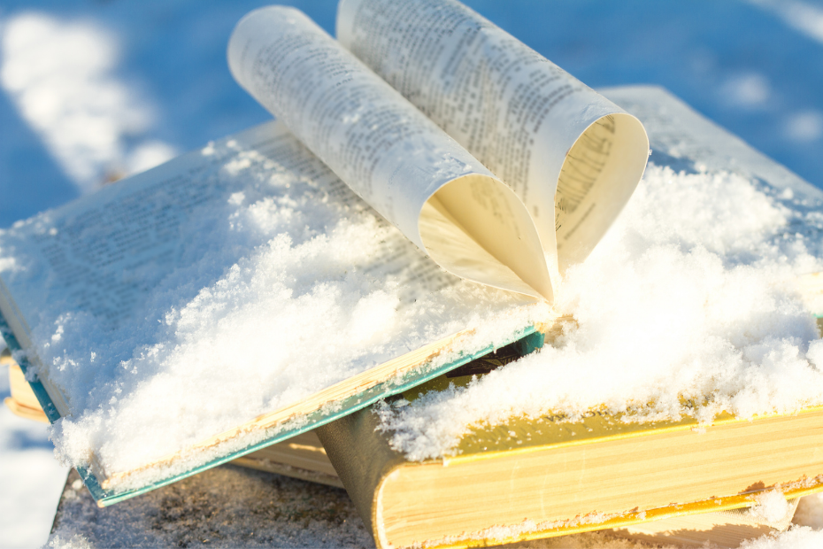 books on winter background under snow