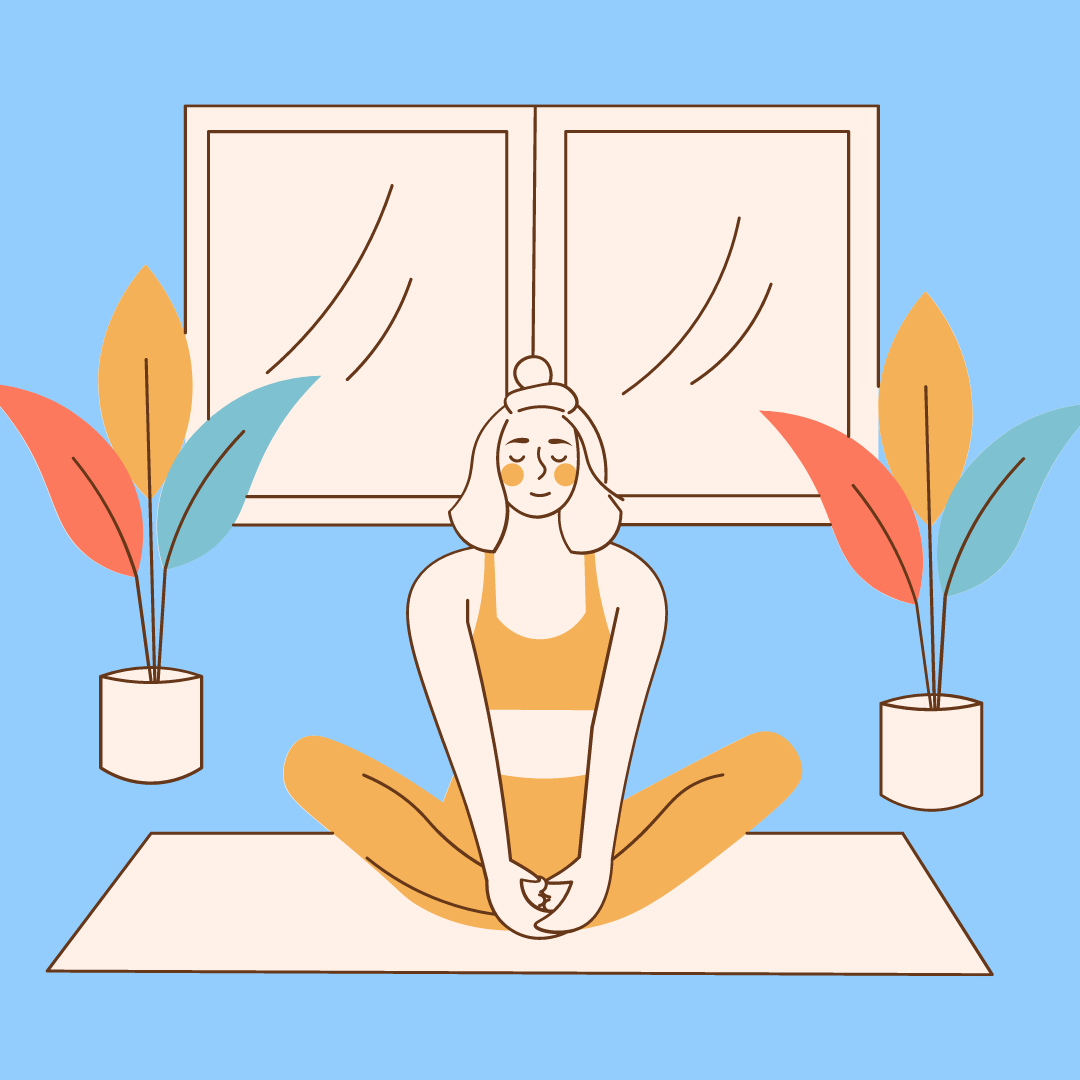 Graphic of woman doing Yoga buttery pose in front of window