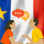Women and man talking graphic with Acadian Flag in background