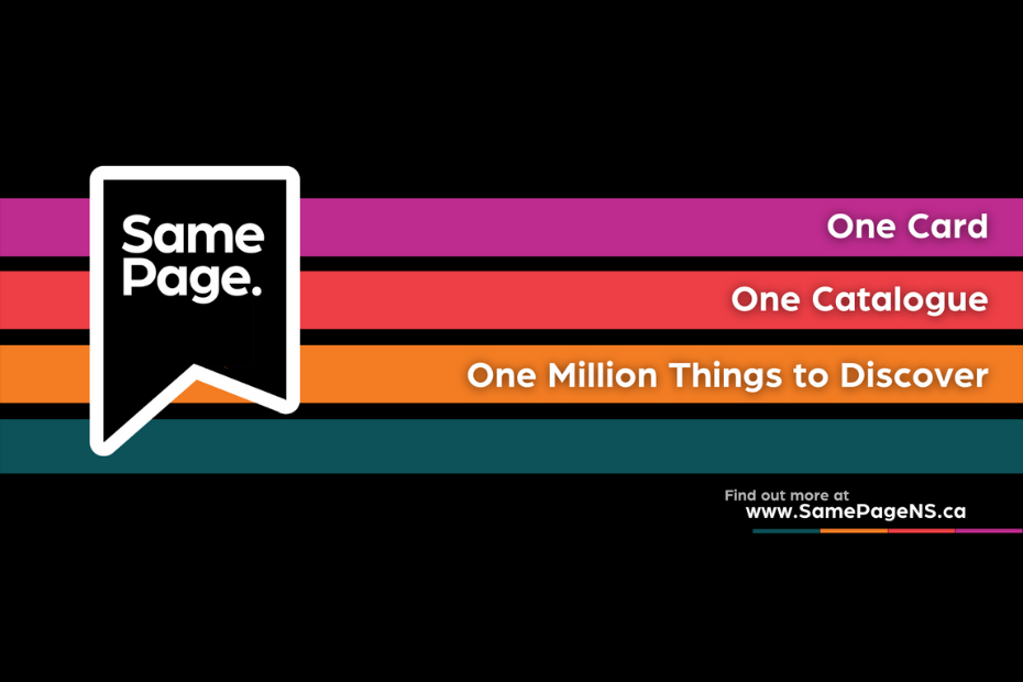 A colourful striped graphic with white text, announcing the launch of Same Page