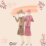 graphic of two women in 1920s fashion on light pink background