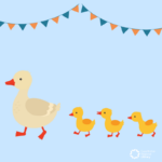 grey mother duck leading three yellow ducklings, blue background with bunting banner across the top