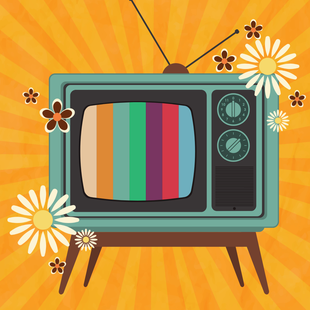 Illustration of a retro box television in a 60s colour scheme against a bright orange starburst background.