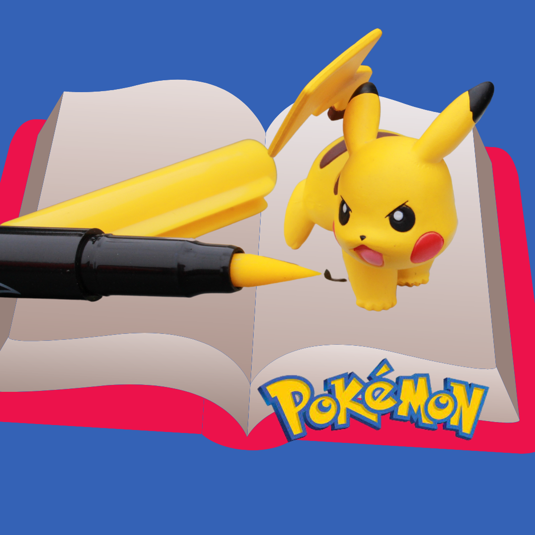 illustration of an open book with a pen drawing a 3D Pikachu