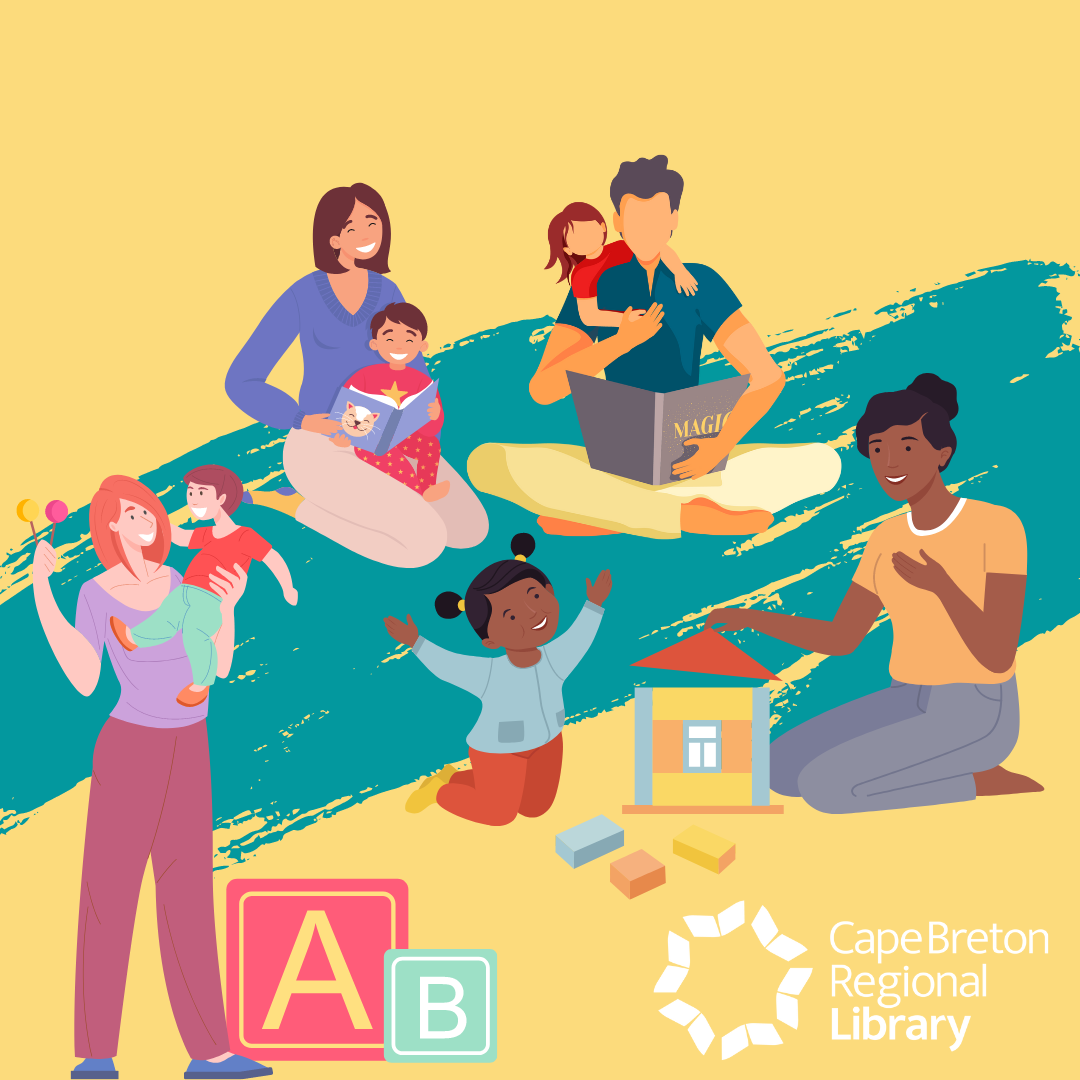 Illustration showing adults and babies reading books and playing with toys.