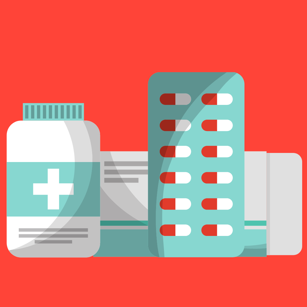 Illustration of medication bottle and pill packet.