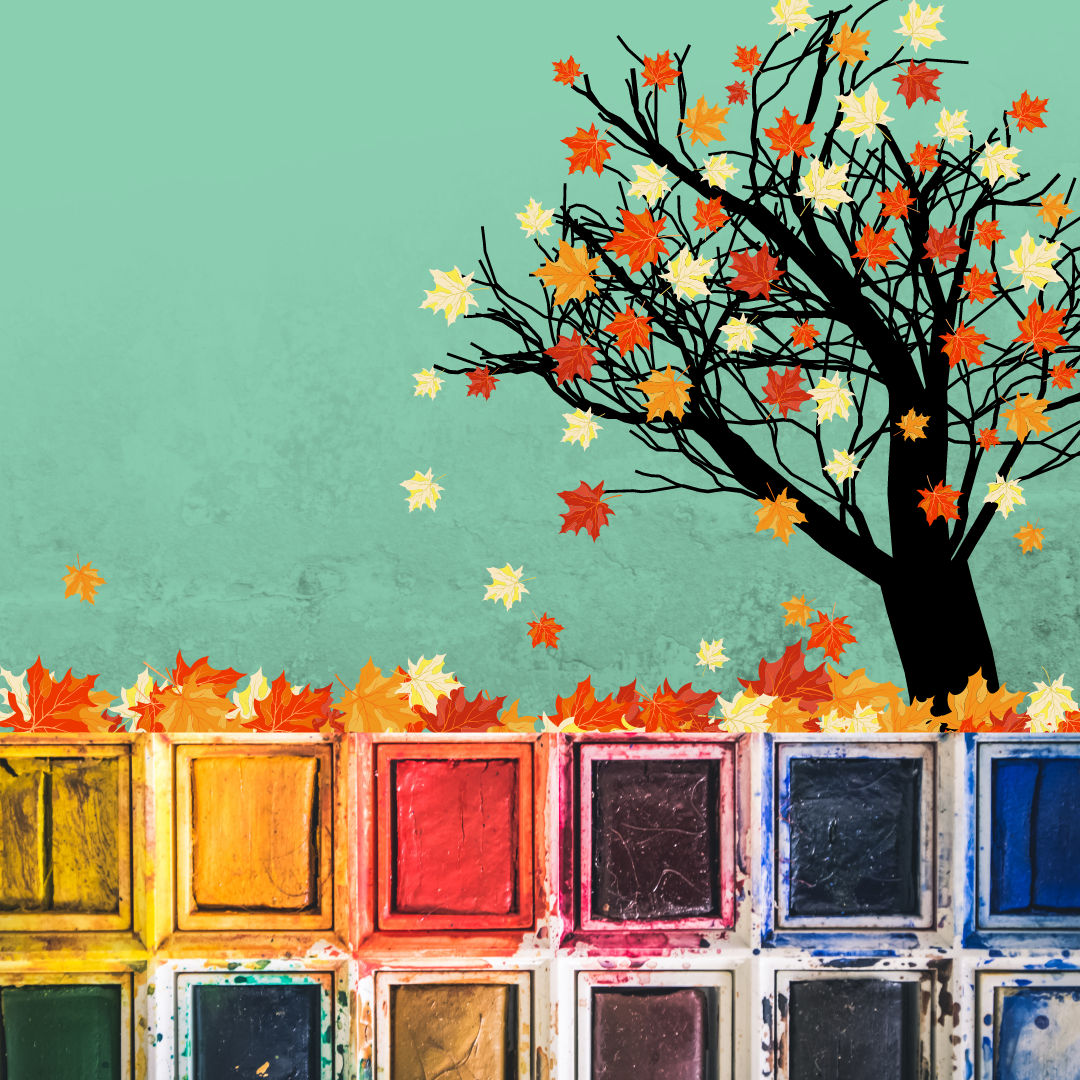 The top half shows an illustration of a brightly coloured autumn tree against a blue background. The lower half shows paint palette.