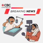 Illustration of a man speaking excitedly into a microphone and a woman holding a video camera. Above them is a sign reading Breaking News.