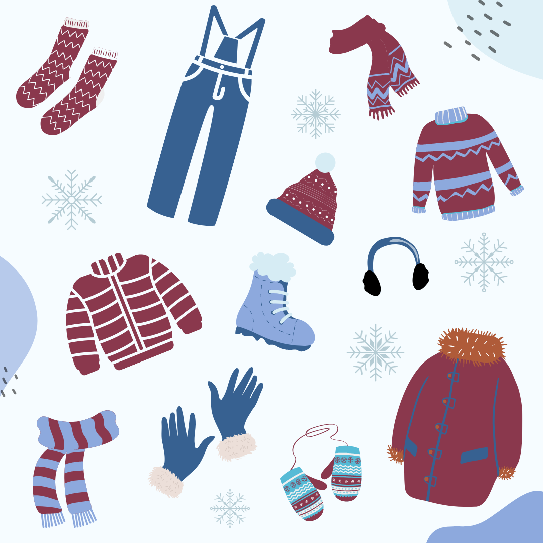 Illustration of winter clothing and snowflakes.