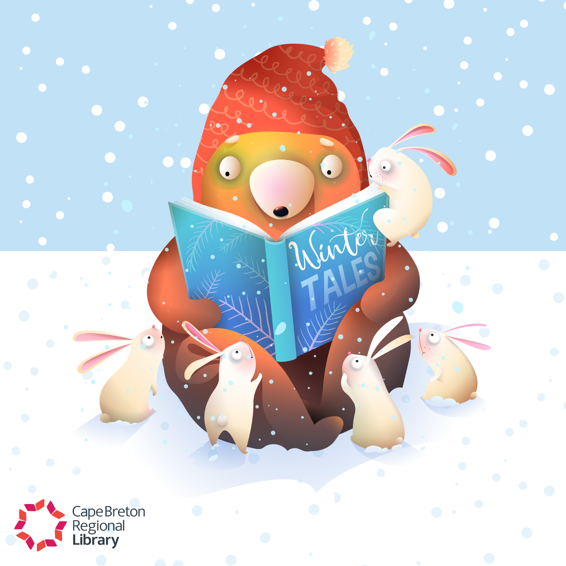 Graphic of a Bear in the snow reading a book titled "Winter Tales" white bunnies surrounding the bear listening to the story.