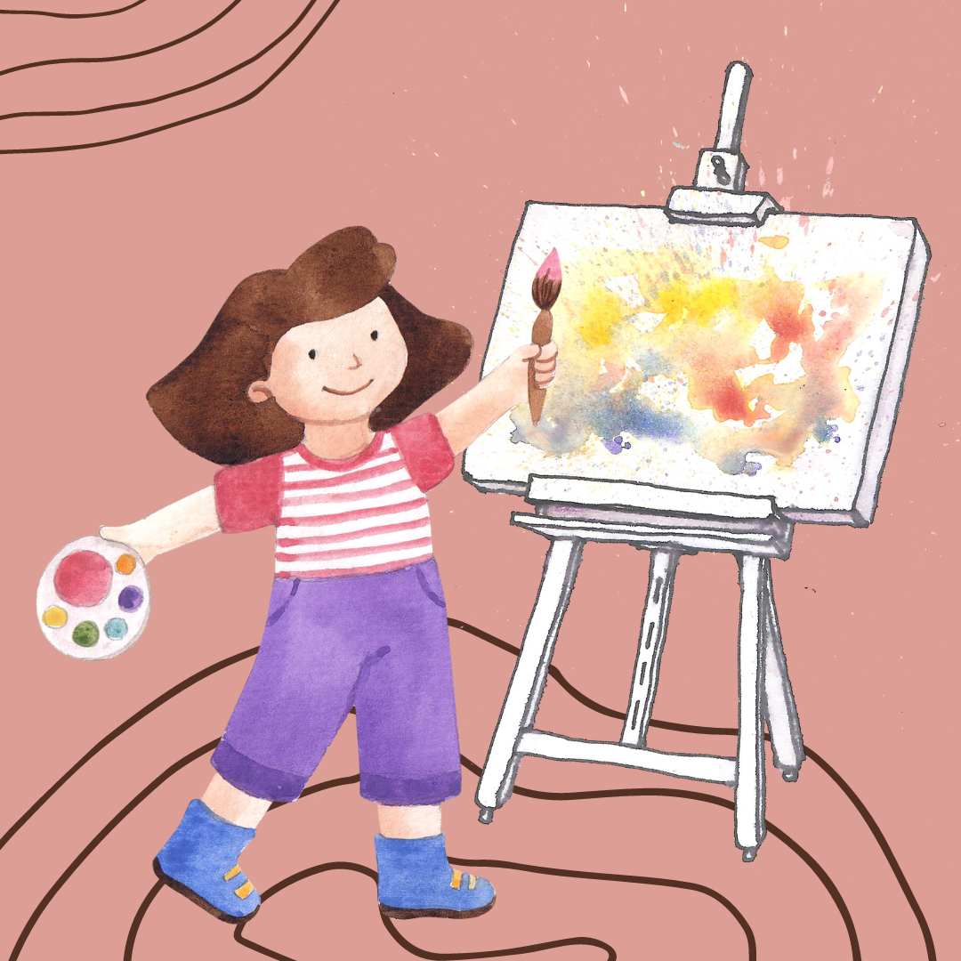 Illustration of a child holding a paintbrush and palette standing before an easel.