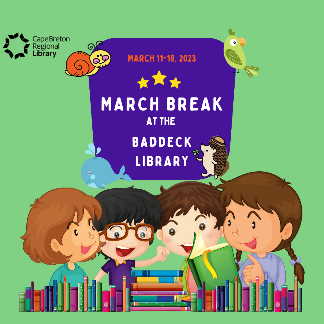 Graphic of excited children looking at books. March Break at Baddeck Library.
