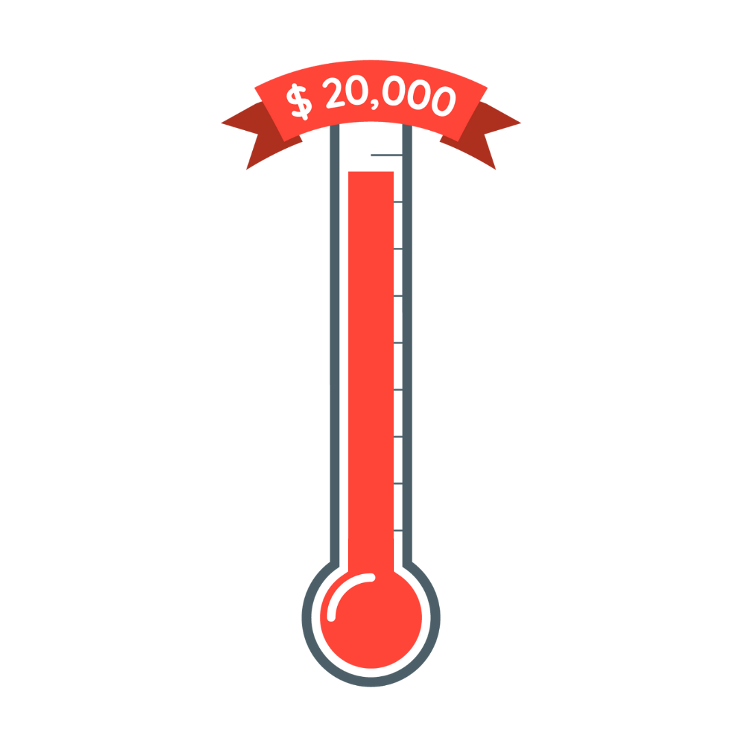 Fundraising thermometer showing 17000 dollars raised.