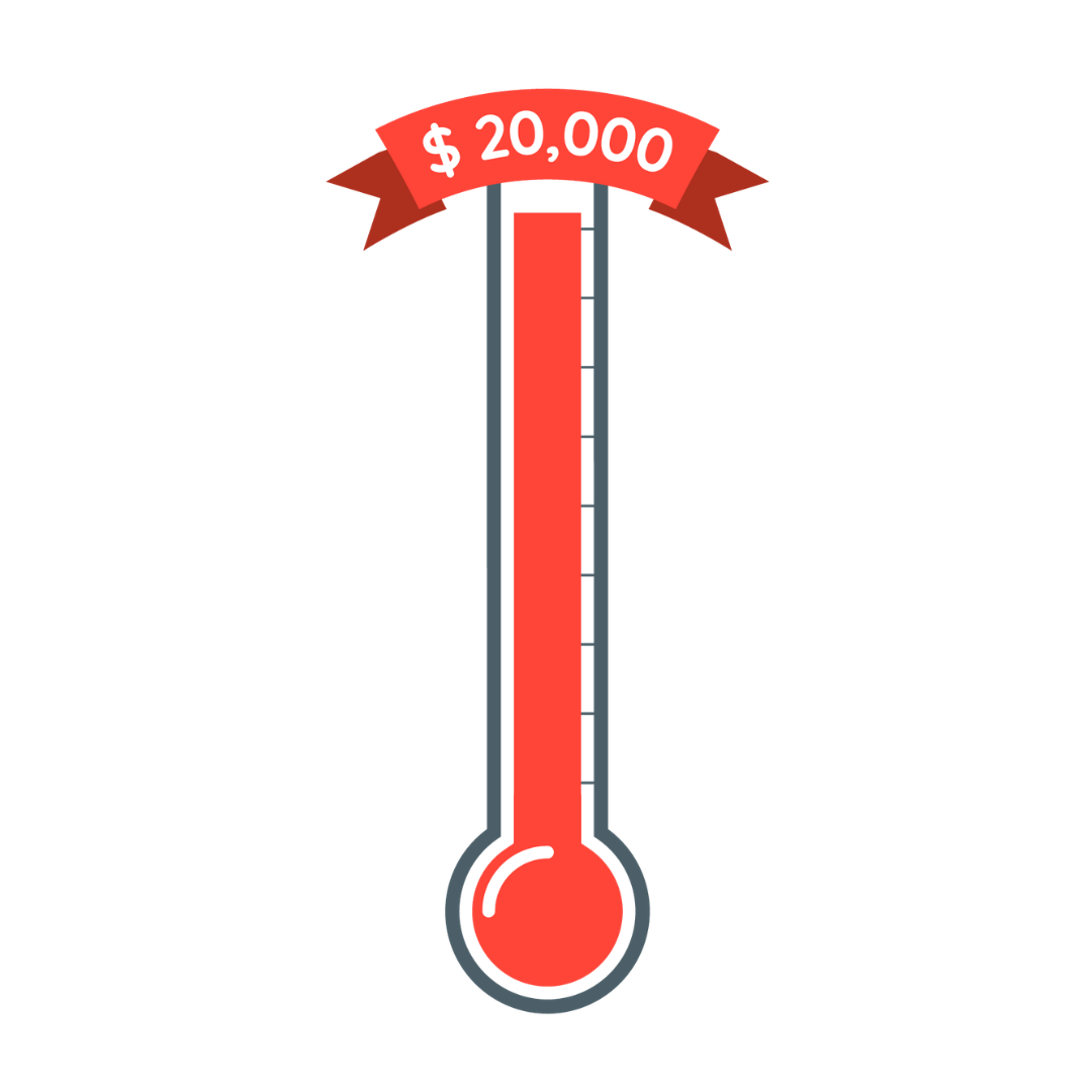 Fundraising thermometer showing 18000 dollars raised.
