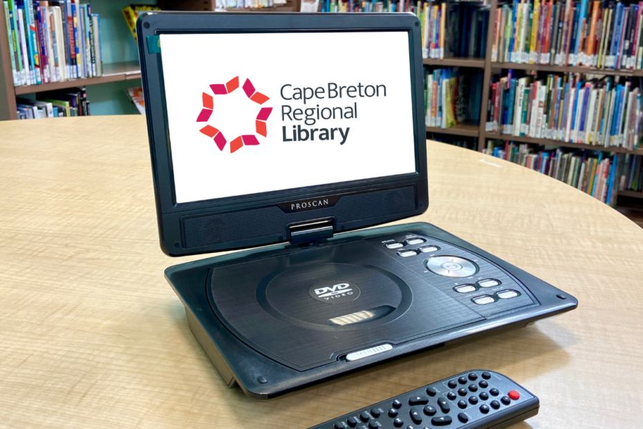 Portable DVD player open and showing image of Cape Breton Regional Library logo