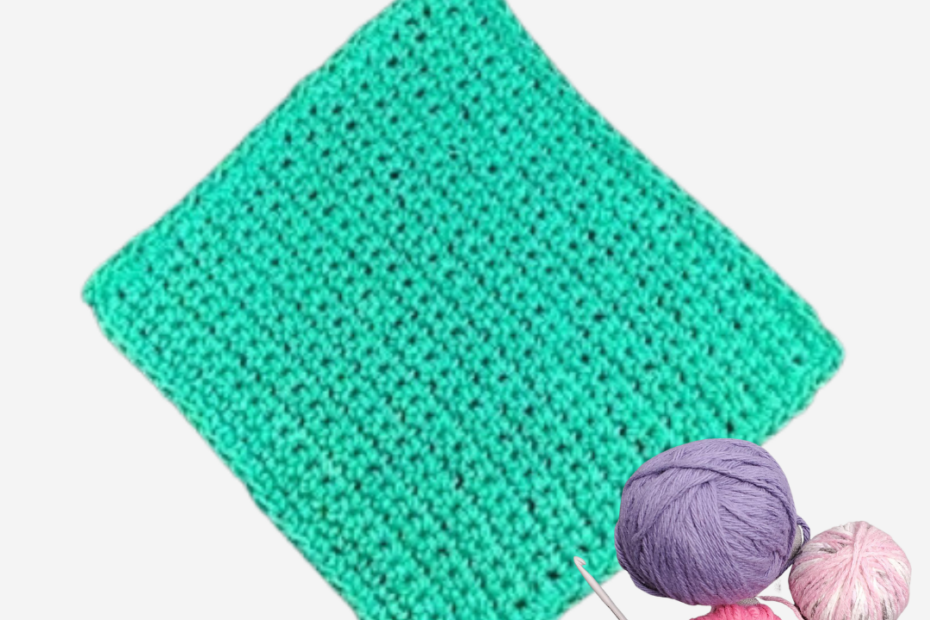 Green crochet dishcloth with three balls of pink and purple yarn and a crochet hook