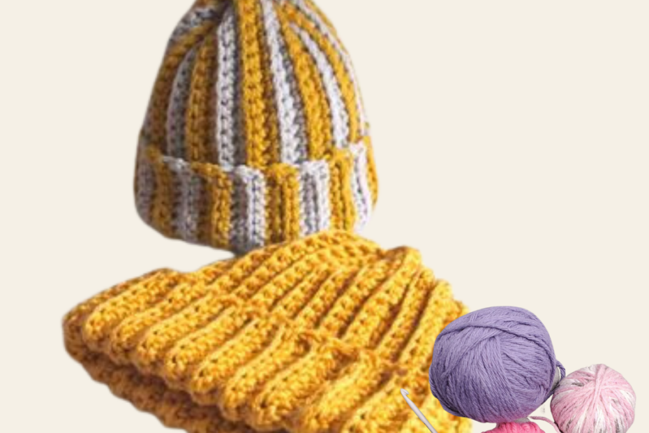 two crochet ribbed toque-style hats with balls of yarn and a crochet hook.