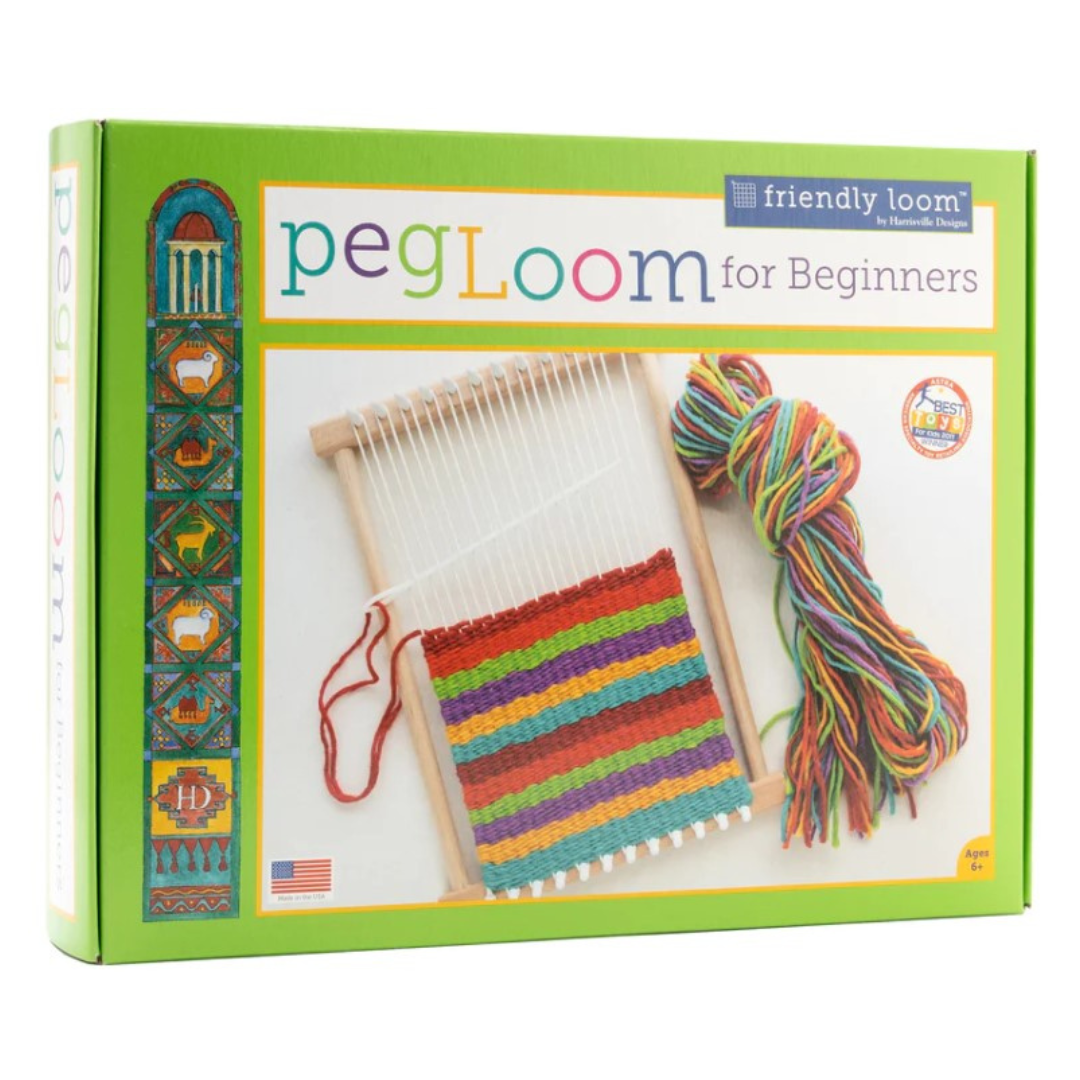 Peg Loom for beginners box. Shows small hand loom half woven with colourful stripes of yarn.