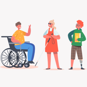 illustration showing three people with disabilities in happy conversation.