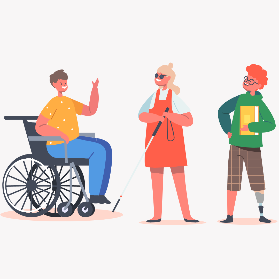 illustration showing three people with disabilities in happy conversation.