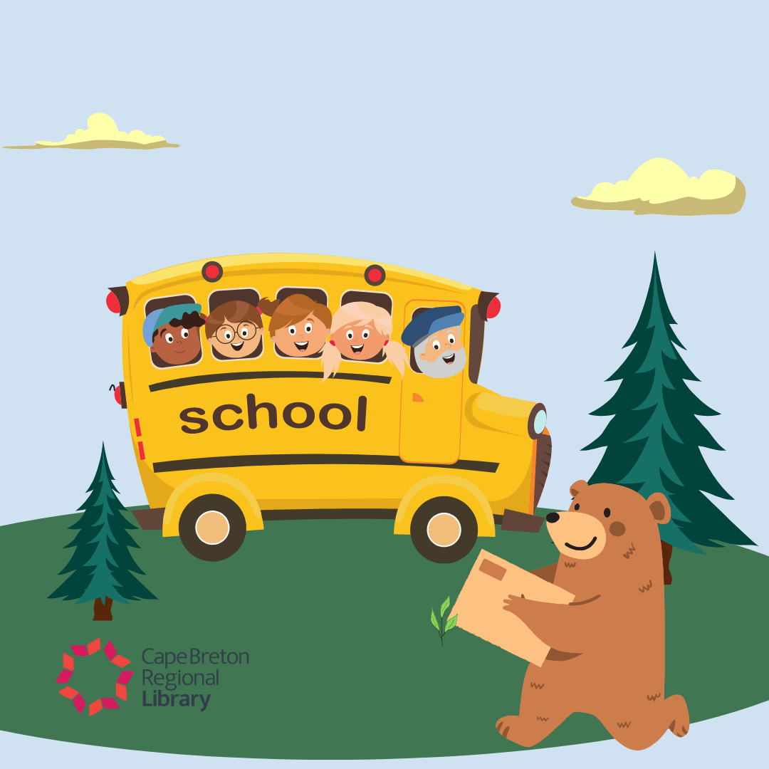 A bear carrying papers is walking towards an orange school bus full of children.