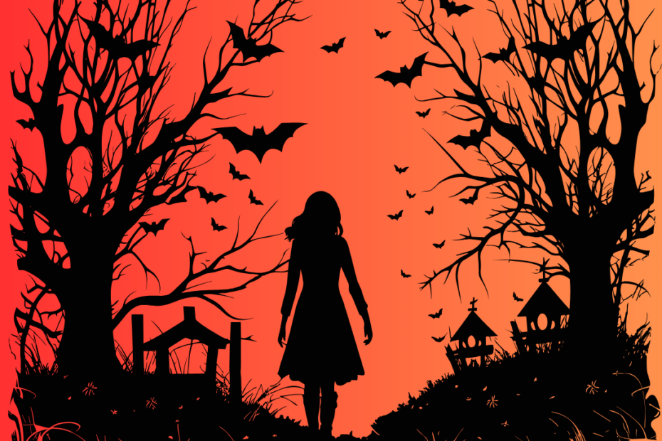 silhouette illustration of girl surrounded by spooky trees and bats in the sky.