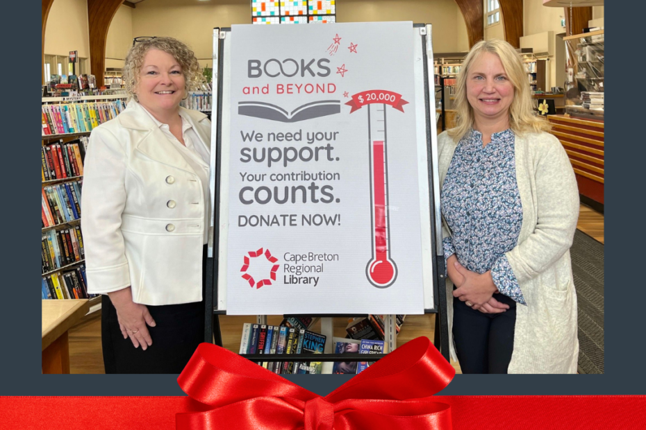 two women pose with fundraising thermometer for Books & Beyond campaign. Red gift ribbon as a bottom border.