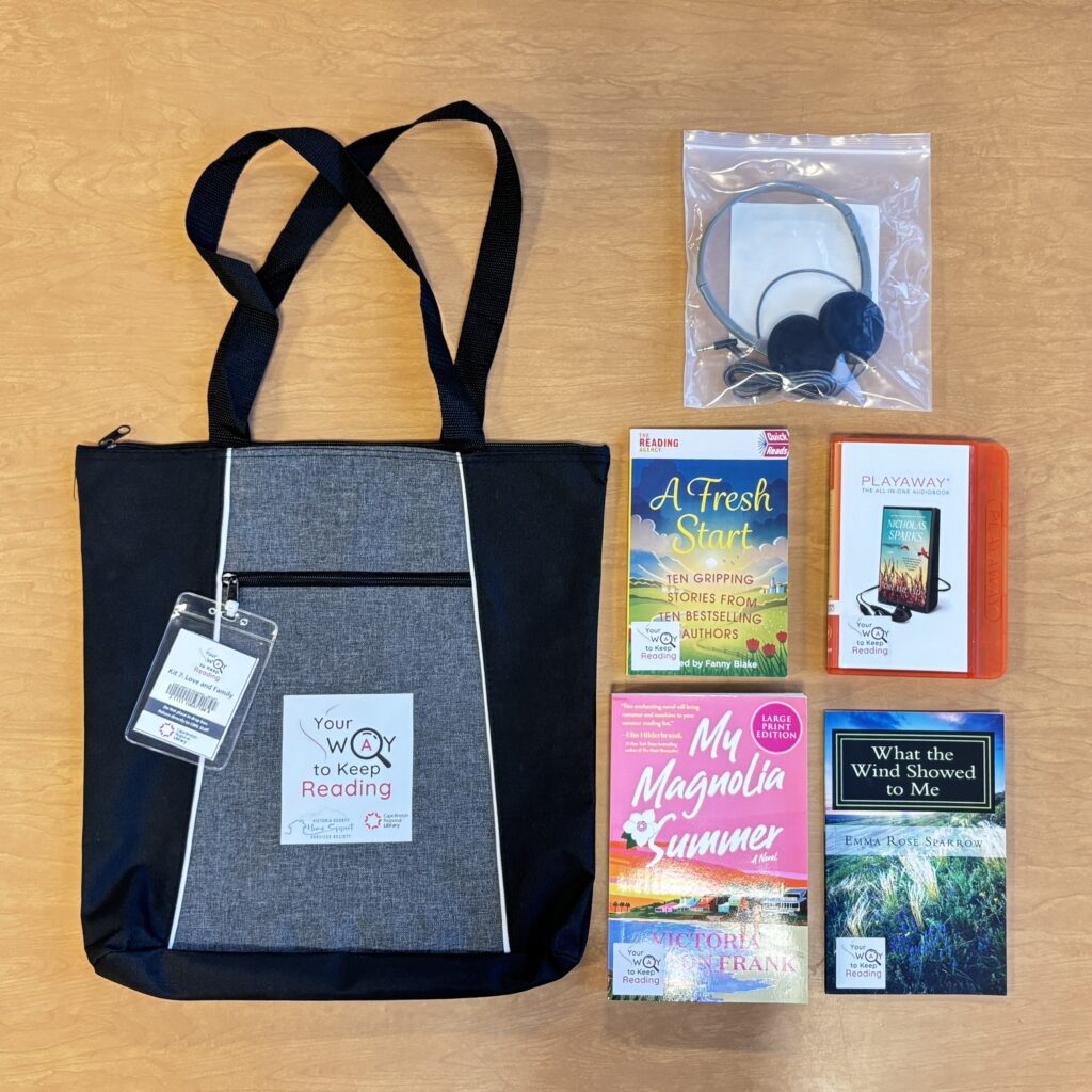 Your Way to Keep Reading Kit Contents: Tote bag, headphones, playaway audiobook, large print book and quick reads books.
