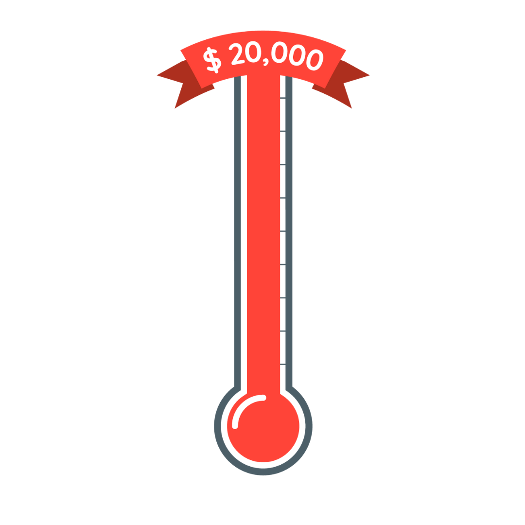 Fundraising thermometer showing 20,000 dollars raised.