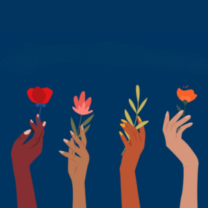 Hands of women of different nationalities holding flowers.