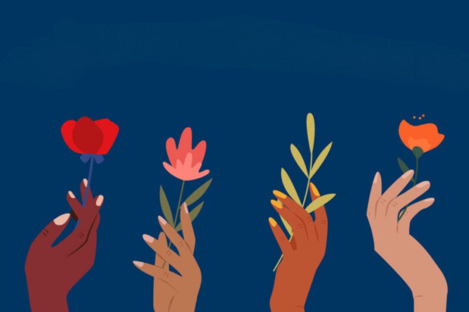Hands of women of different nationalities holding flowers.
