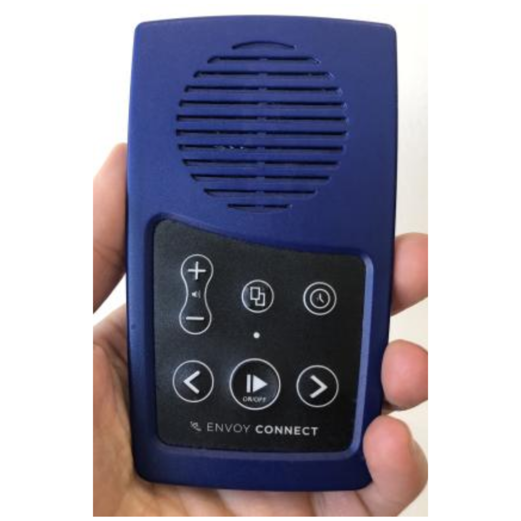 Envoy Connect portable audiobook player.  A handheld plastic device featuring a speaker on top, and six tactile buttons for volume, bookshelf, sleep timer, reverse, play/pause/, and forward.