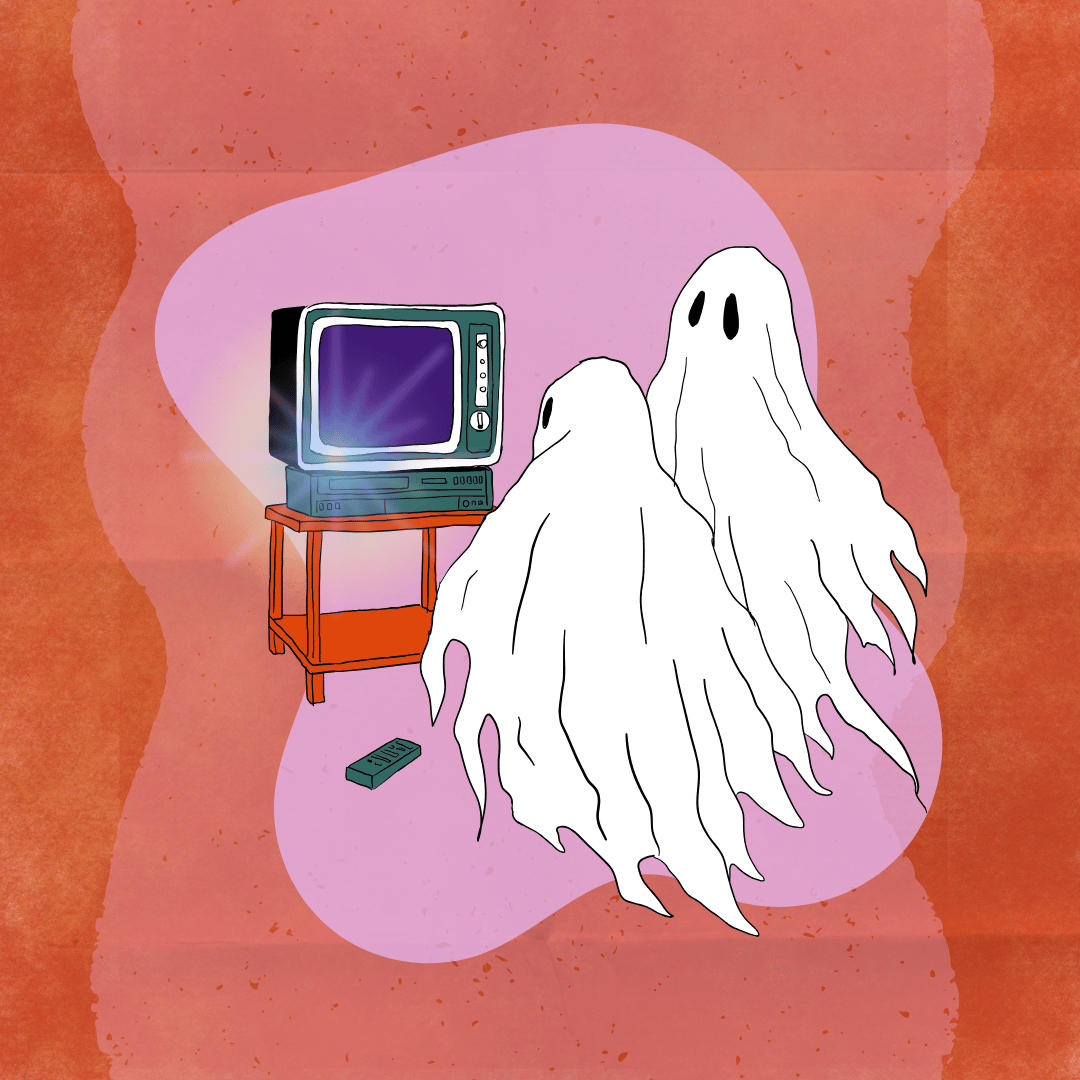 Cartoon ghosts watching tv