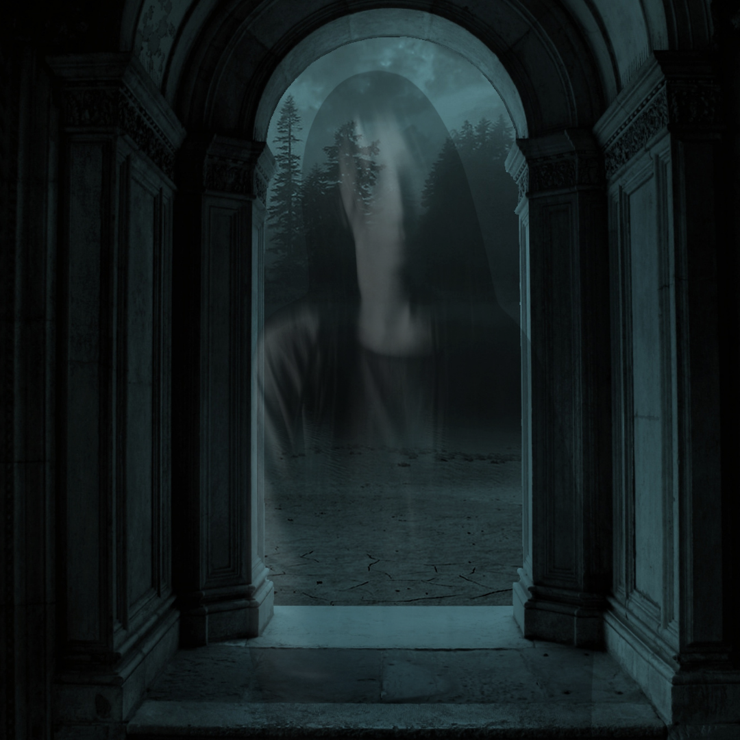 ghostly spectre in dark stone archway