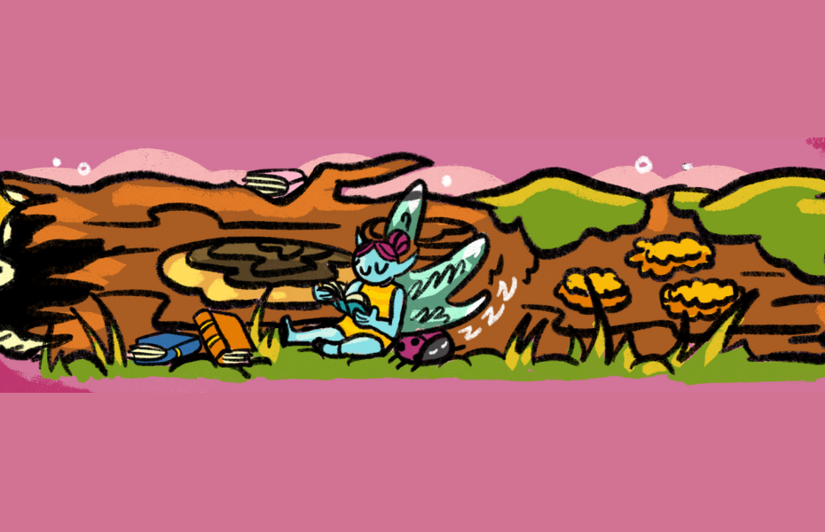 Fairy reading in front of an old fallen tree log